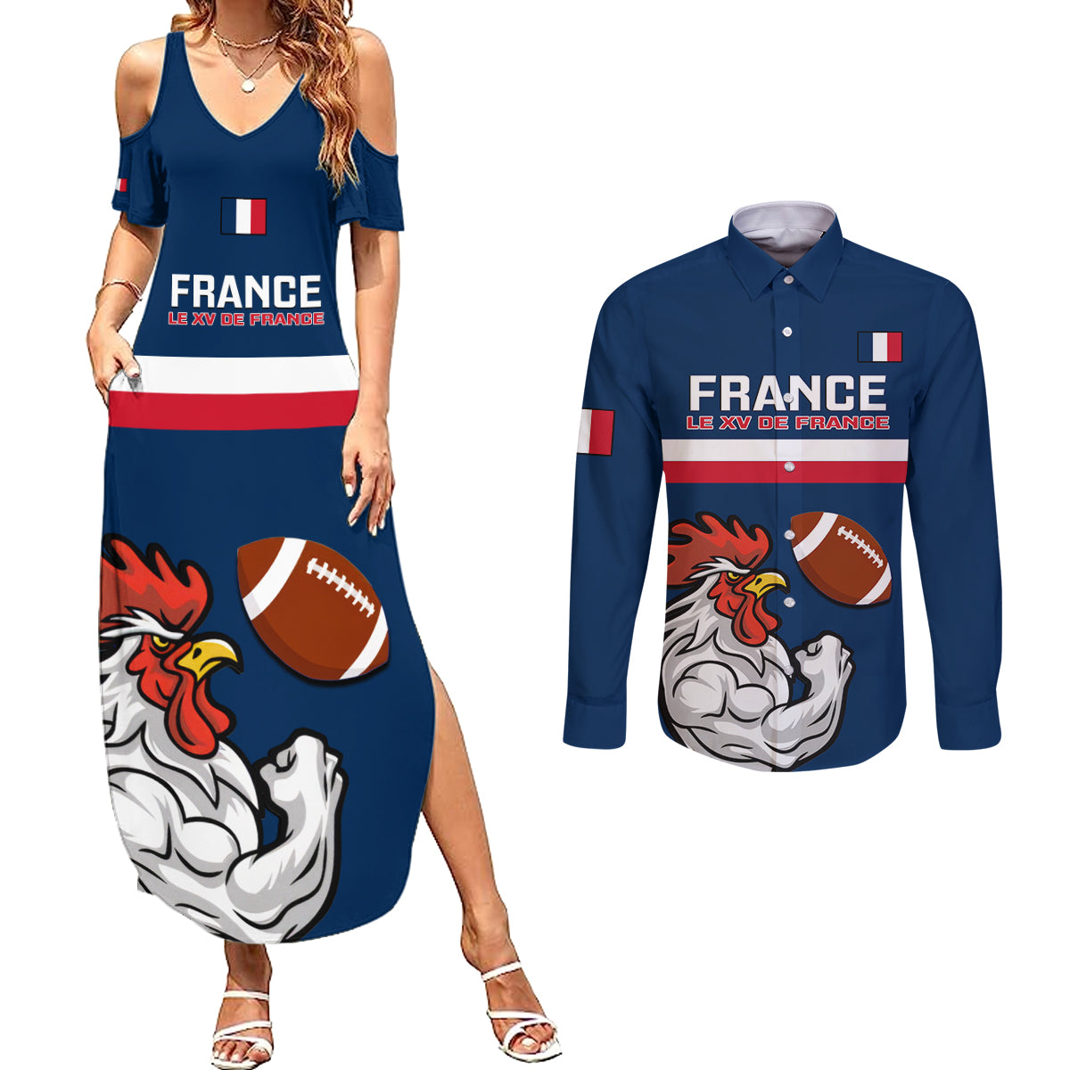 france-rugby-couples-matching-summer-maxi-dress-and-long-sleeve-button-shirts-world-cup-allez-les-bleus-2023-mascot