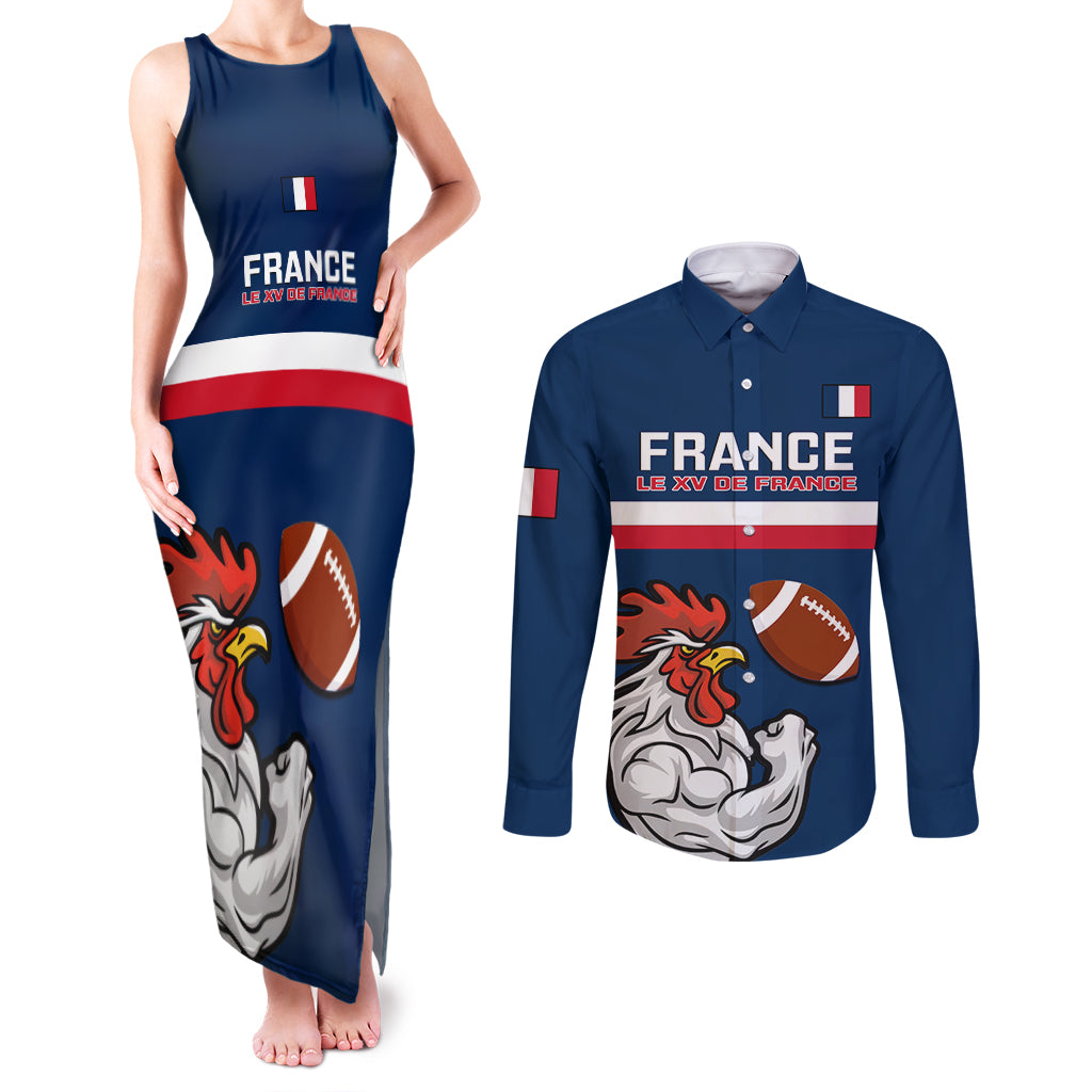 france-rugby-couples-matching-tank-maxi-dress-and-long-sleeve-button-shirts-world-cup-allez-les-bleus-2023-mascot