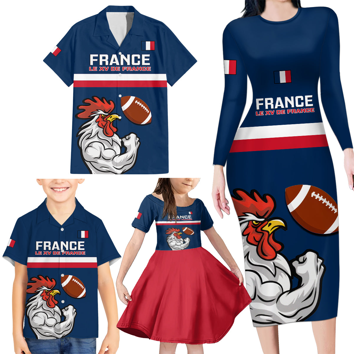 france-rugby-family-matching-long-sleeve-bodycon-dress-and-hawaiian-shirt-world-cup-allez-les-bleus-2023-mascot