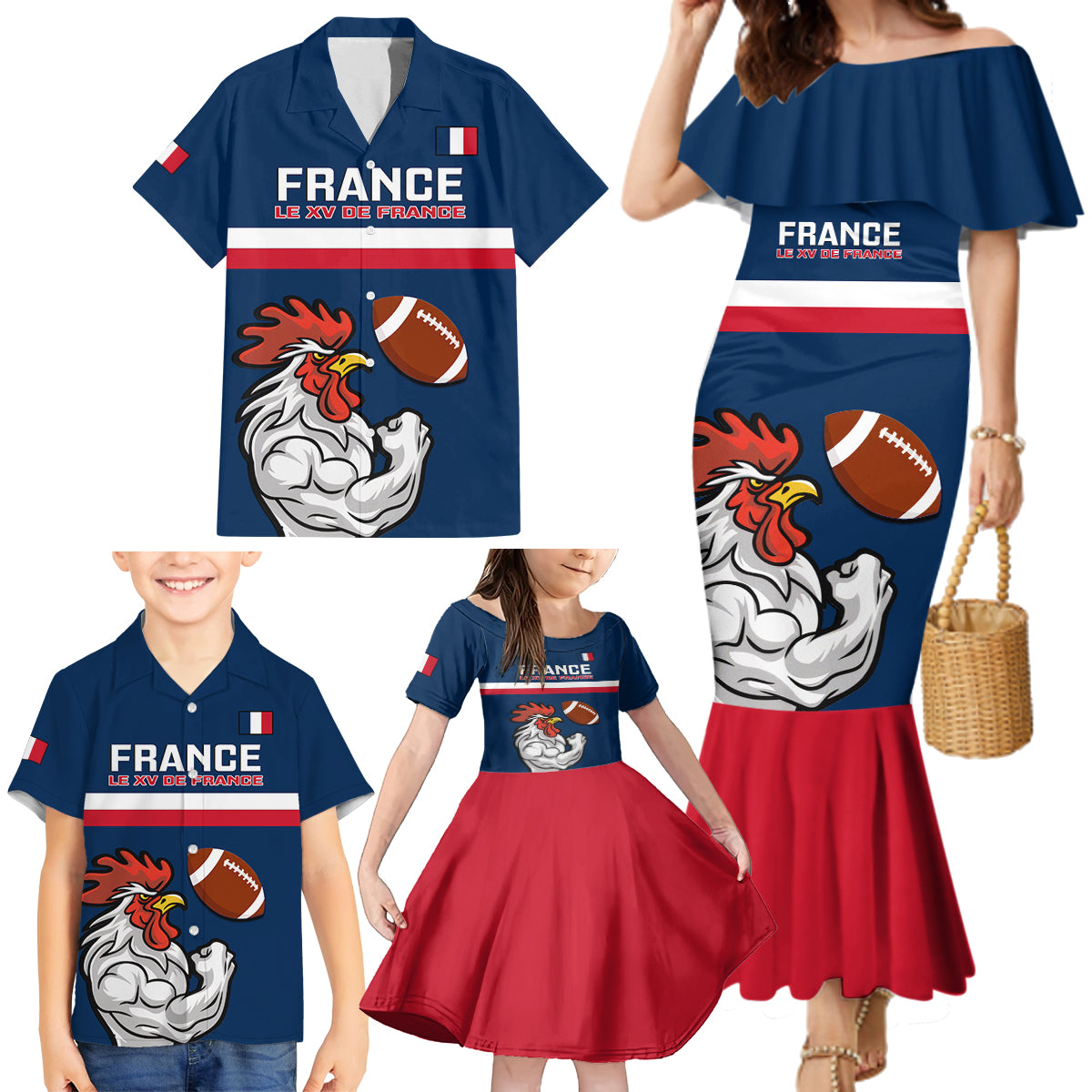 france-rugby-family-matching-mermaid-dress-and-hawaiian-shirt-world-cup-allez-les-bleus-2023-mascot