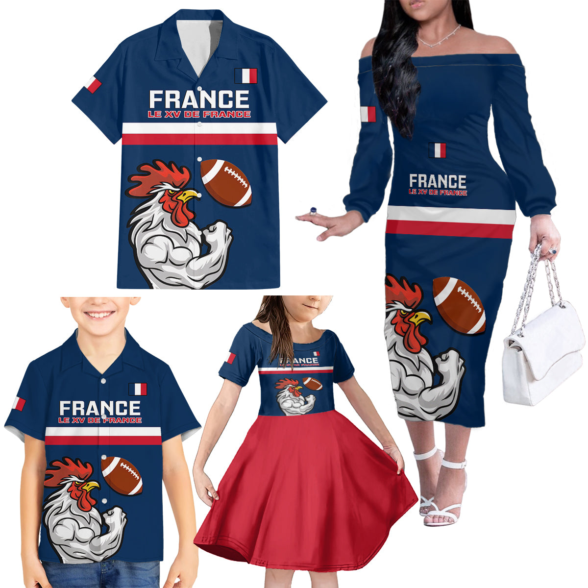 france-rugby-family-matching-off-shoulder-long-sleeve-dress-and-hawaiian-shirt-world-cup-allez-les-bleus-2023-mascot