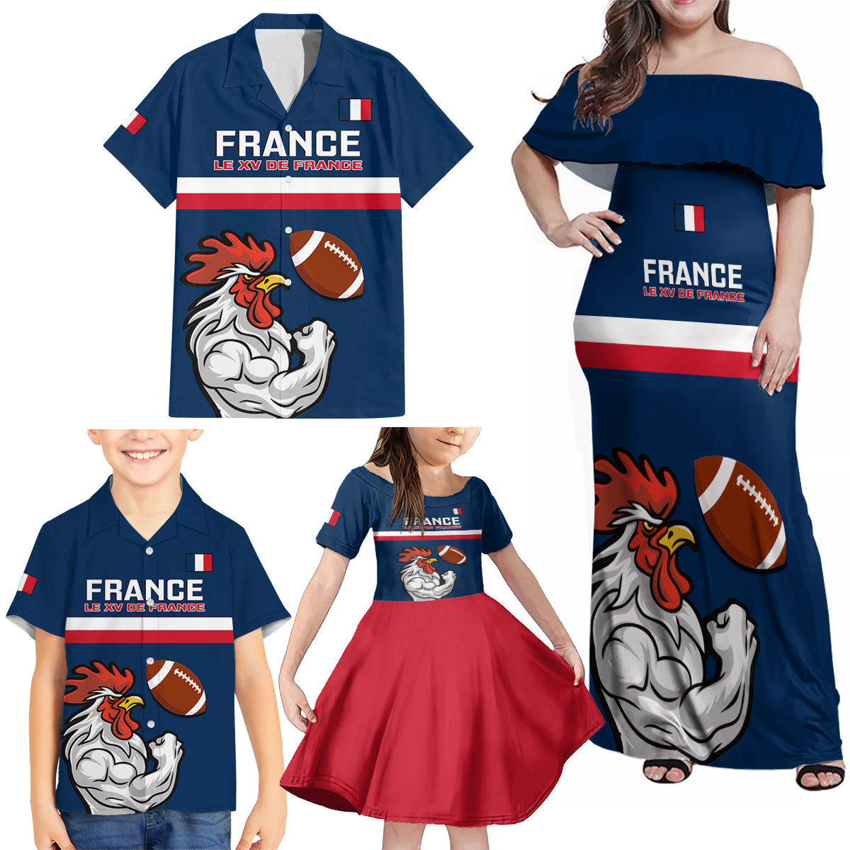 france-rugby-family-matching-off-shoulder-maxi-dress-and-hawaiian-shirt-world-cup-allez-les-bleus-2023-mascot