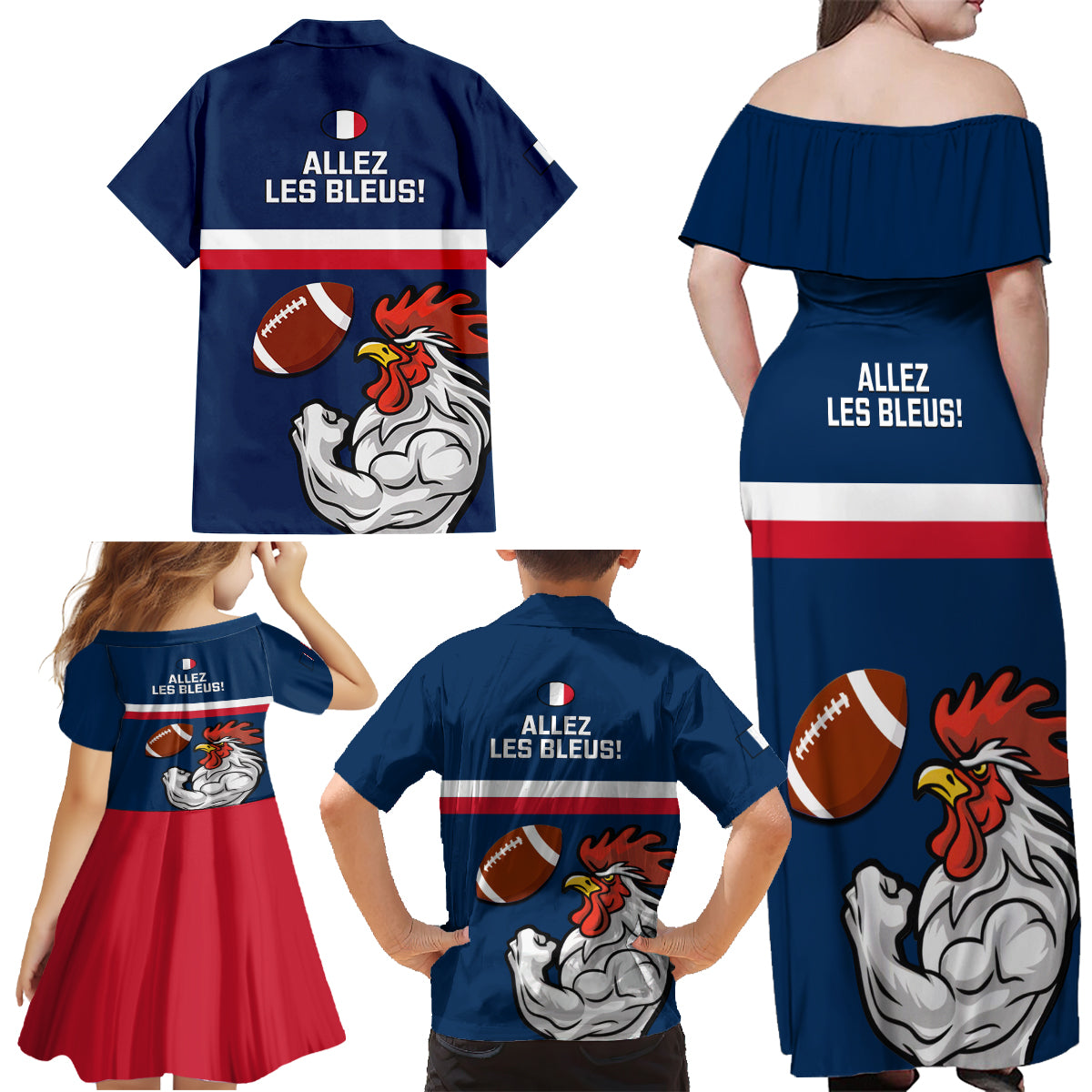 France Rugby Family Matching Off Shoulder Maxi Dress and Hawaiian Shirt World Cup Allez Les Bleus 2023 Mascot - Wonder Print Shop