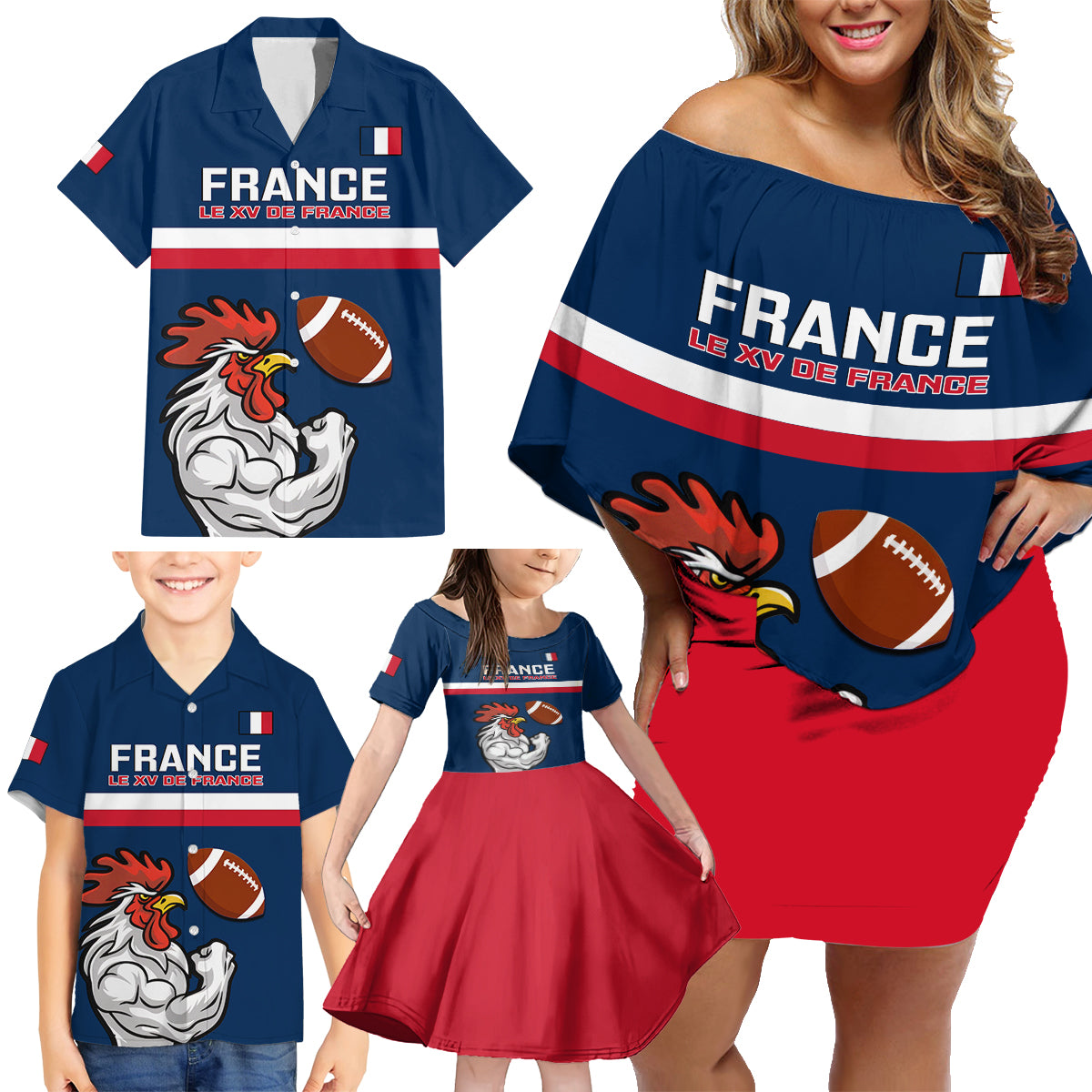 france-rugby-family-matching-off-shoulder-short-dress-and-hawaiian-shirt-world-cup-allez-les-bleus-2023-mascot