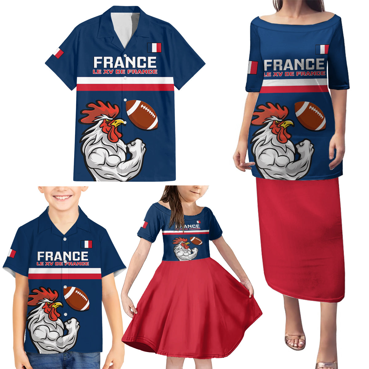 france-rugby-family-matching-puletasi-dress-and-hawaiian-shirt-world-cup-allez-les-bleus-2023-mascot