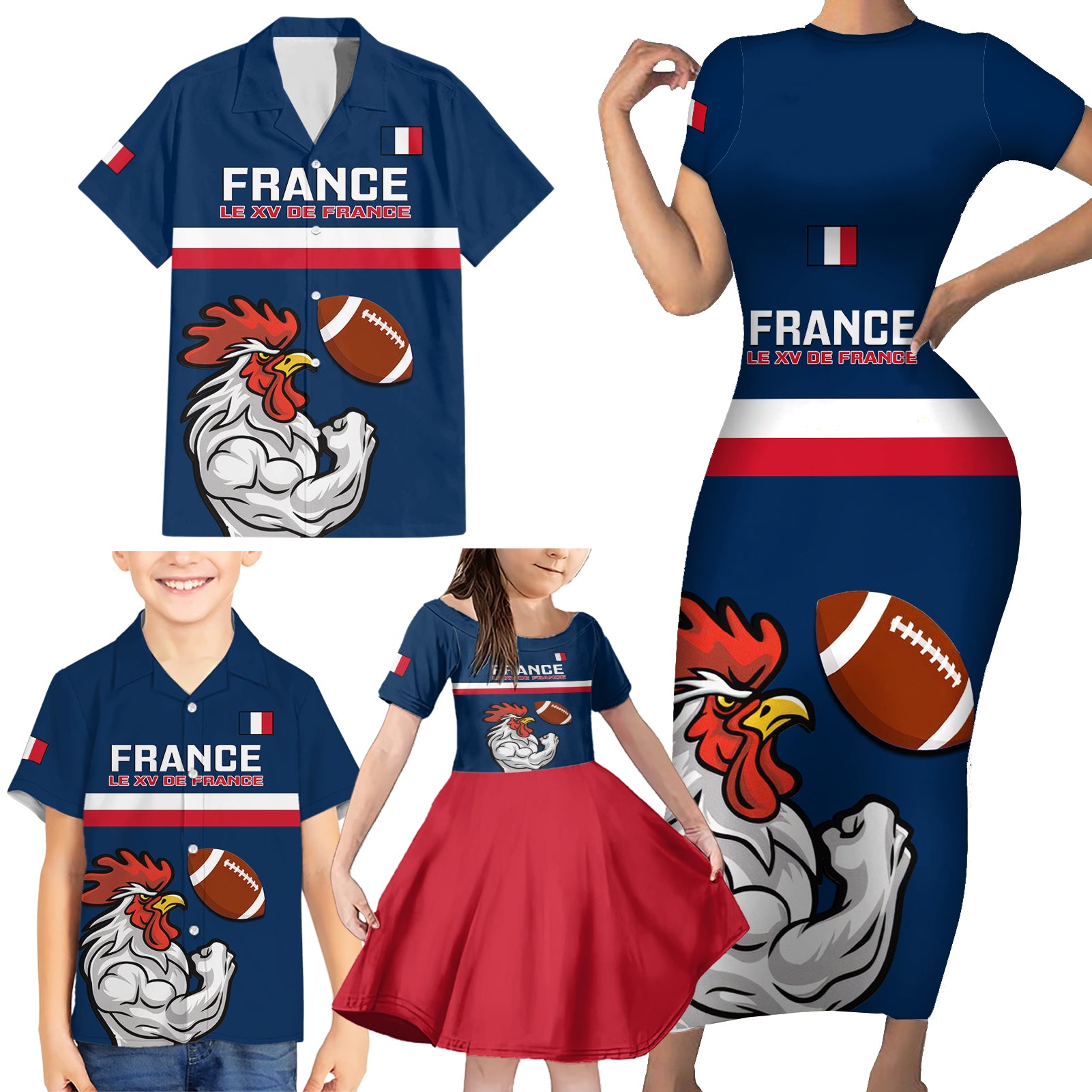 france-rugby-family-matching-short-sleeve-bodycon-dress-and-hawaiian-shirt-world-cup-allez-les-bleus-2023-mascot