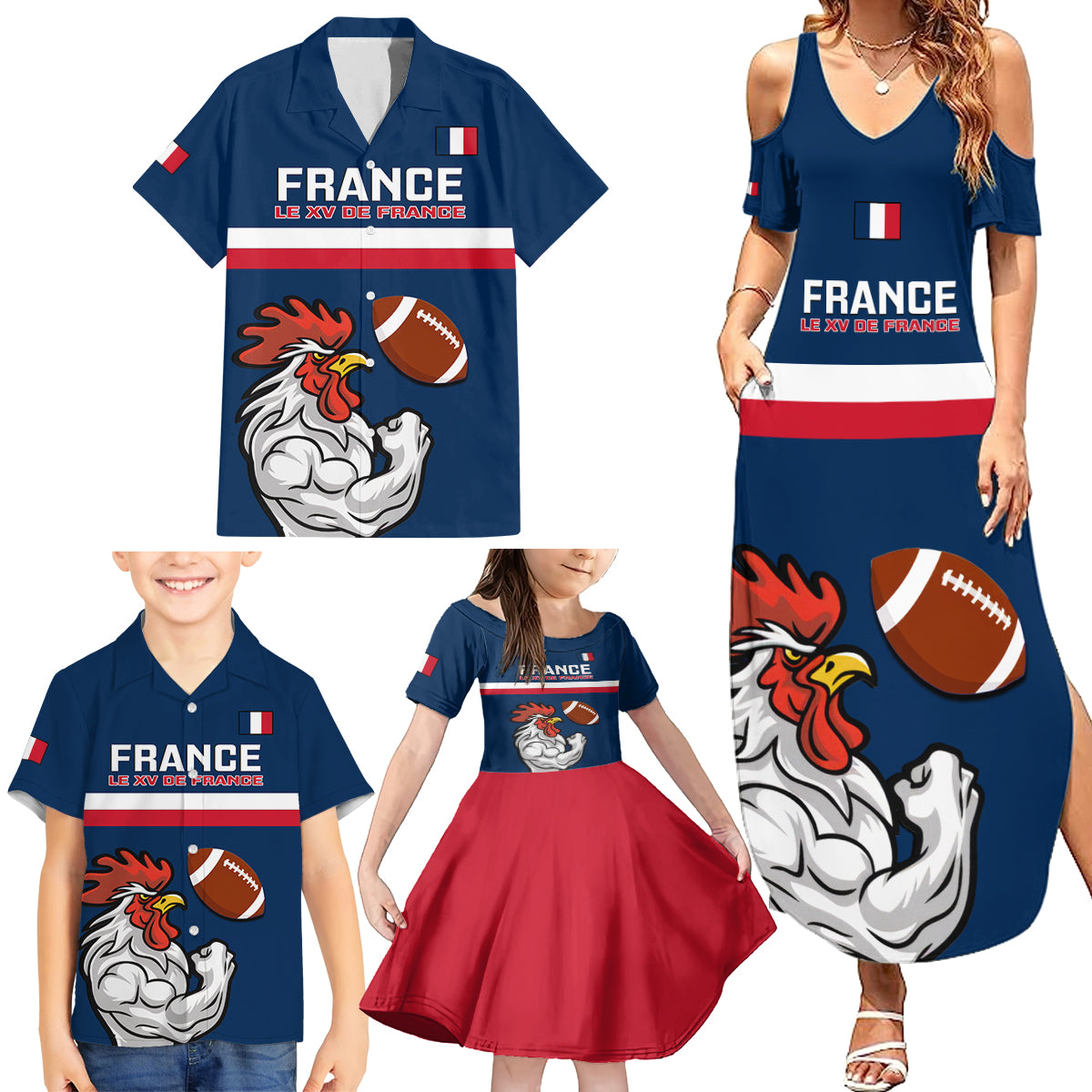 france-rugby-family-matching-summer-maxi-dress-and-hawaiian-shirt-world-cup-allez-les-bleus-2023-mascot