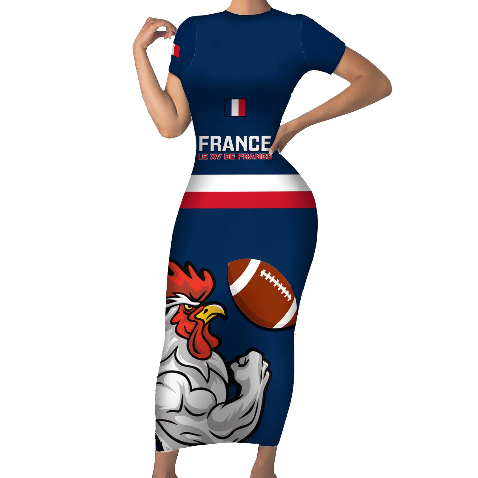 France Rugby Short Sleeve Bodycon Dress World Cup Allez Les Bleus 2023 Mascot - Wonder Print Shop