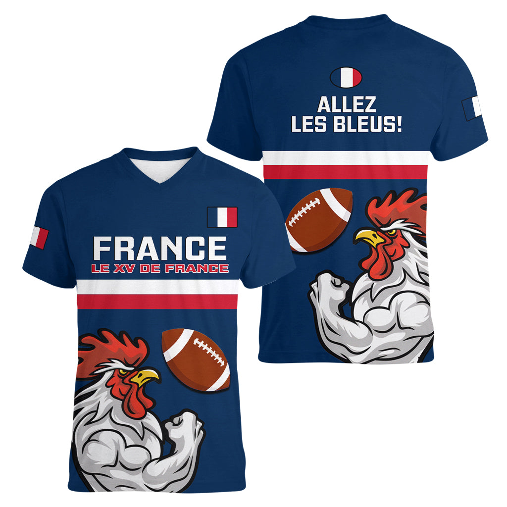 France Rugby Women V Neck T Shirt World Cup Allez Les Bleus 2023 Mascot - Wonder Print Shop