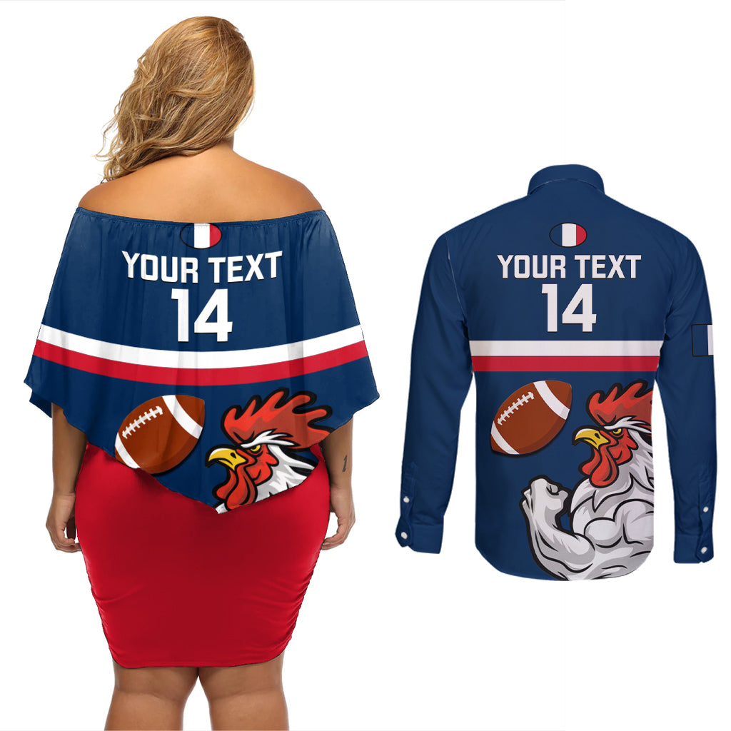 Custom France Rugby Couples Matching Off Shoulder Short Dress and Long Sleeve Button Shirts World Cup Allez Les Bleus 2023 Mascot - Wonder Print Shop