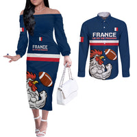 custom-france-rugby-couples-matching-off-the-shoulder-long-sleeve-dress-and-long-sleeve-button-shirts-world-cup-allez-les-bleus-2023-mascot