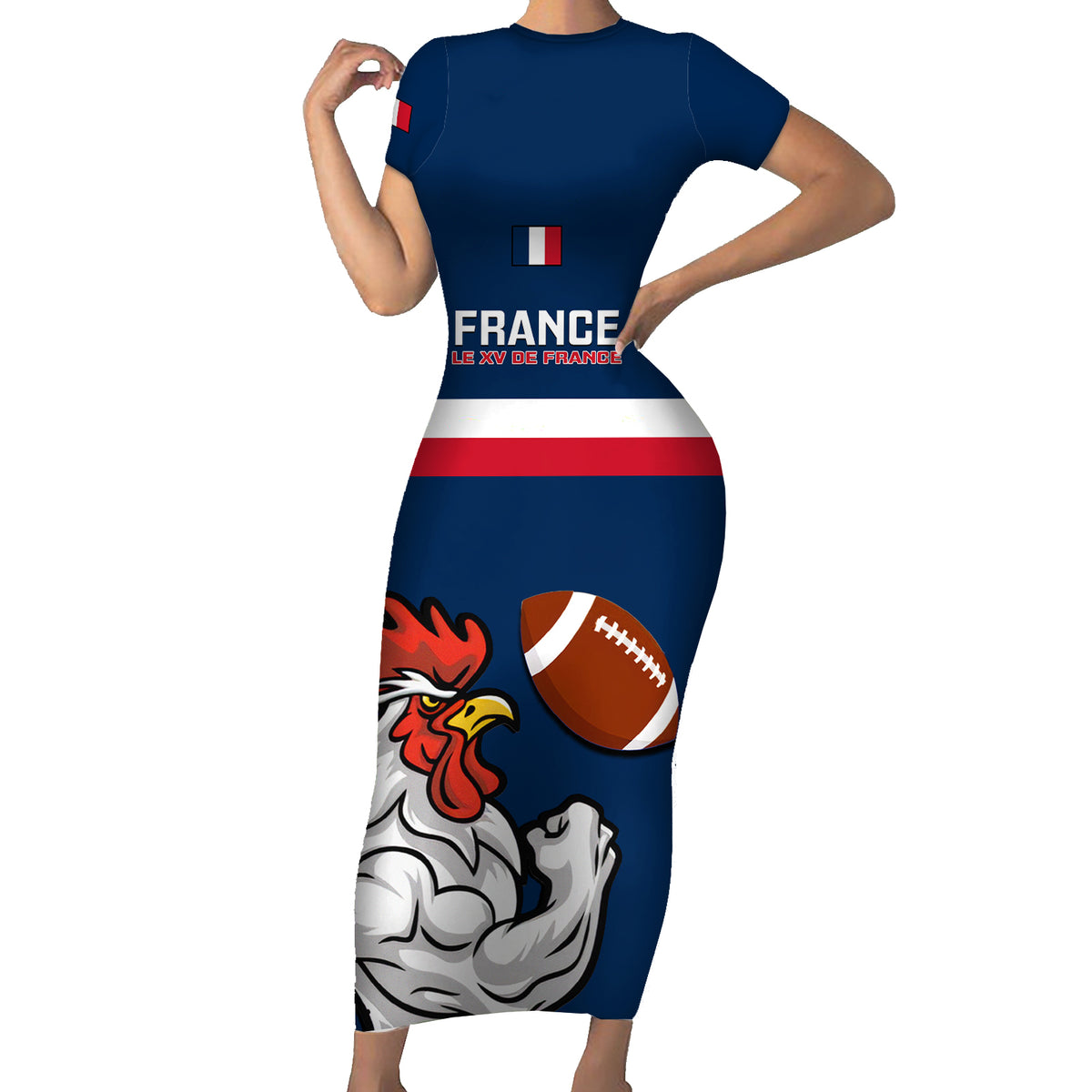 Custom France Rugby Short Sleeve Bodycon Dress World Cup Allez Les Bleus 2023 Mascot - Wonder Print Shop