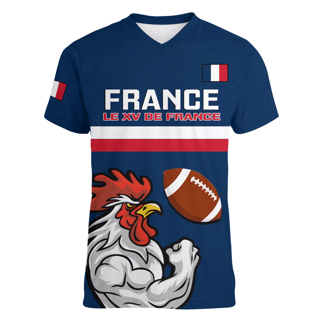 Custom France Rugby Women V Neck T Shirt World Cup Allez Les Bleus 2023 Mascot - Wonder Print Shop