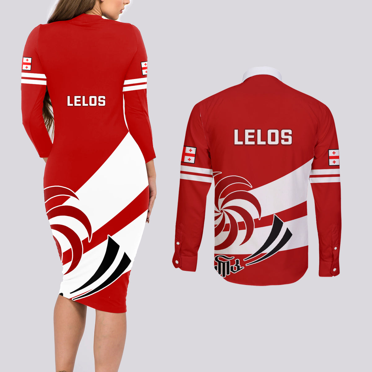 Georgia Rugby Couples Matching Long Sleeve Bodycon Dress and Long Sleeve Button Shirts 2023 Go Lelos Curves Style - Wonder Print Shop