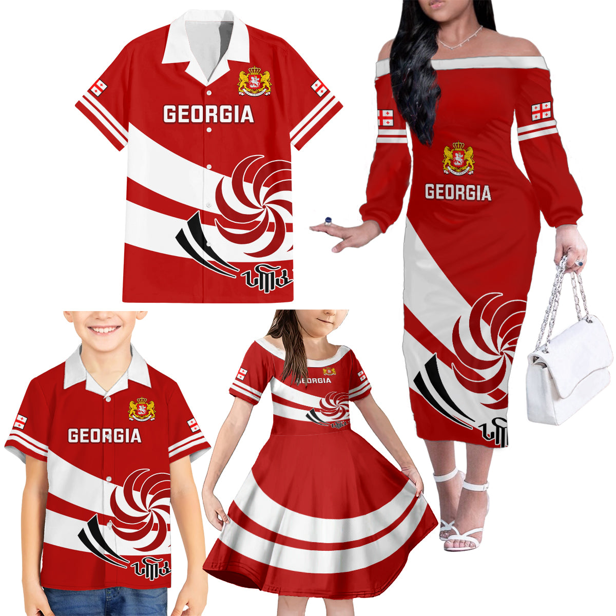 Georgia Rugby Family Matching Off Shoulder Long Sleeve Dress and Hawaiian Shirt 2023 Go Lelos Curves Style - Wonder Print Shop