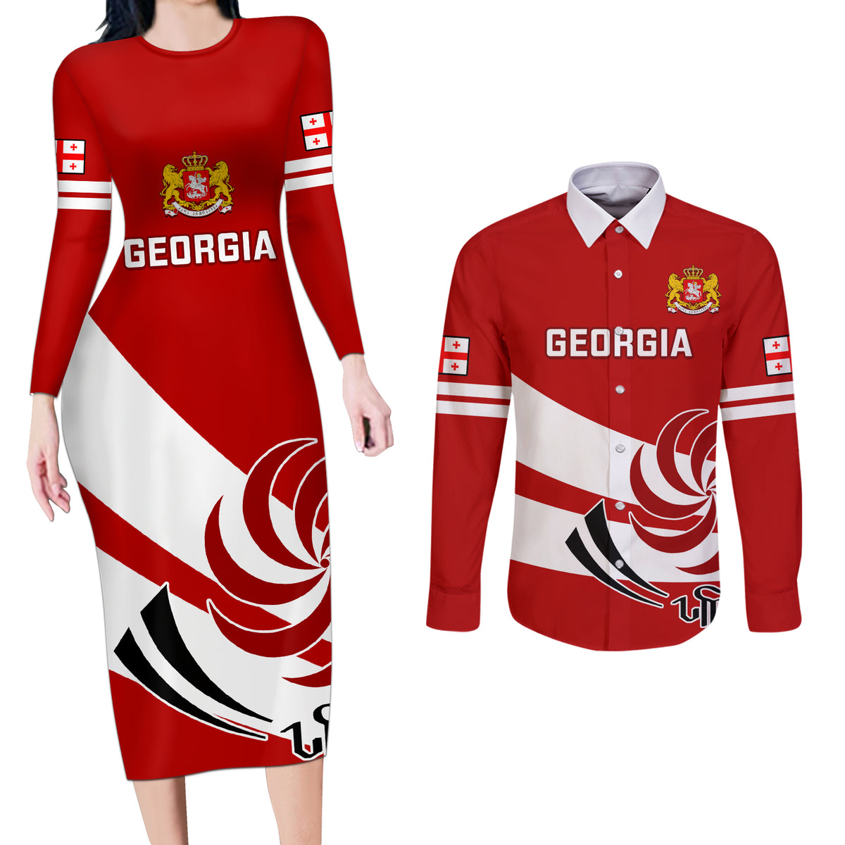 Custom Georgia Rugby Couples Matching Long Sleeve Bodycon Dress and Long Sleeve Button Shirts 2023 Go Lelos Curves Style - Wonder Print Shop