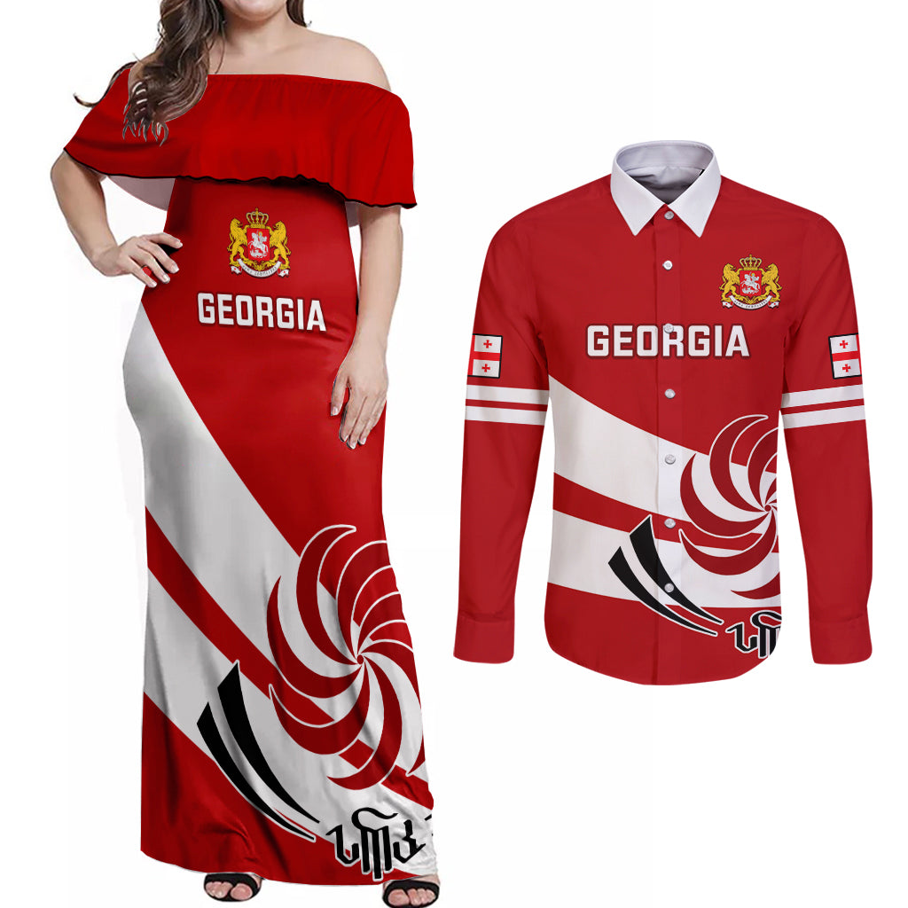 Custom Georgia Rugby Couples Matching Off Shoulder Maxi Dress and Long Sleeve Button Shirts 2023 Go Lelos Curves Style - Wonder Print Shop