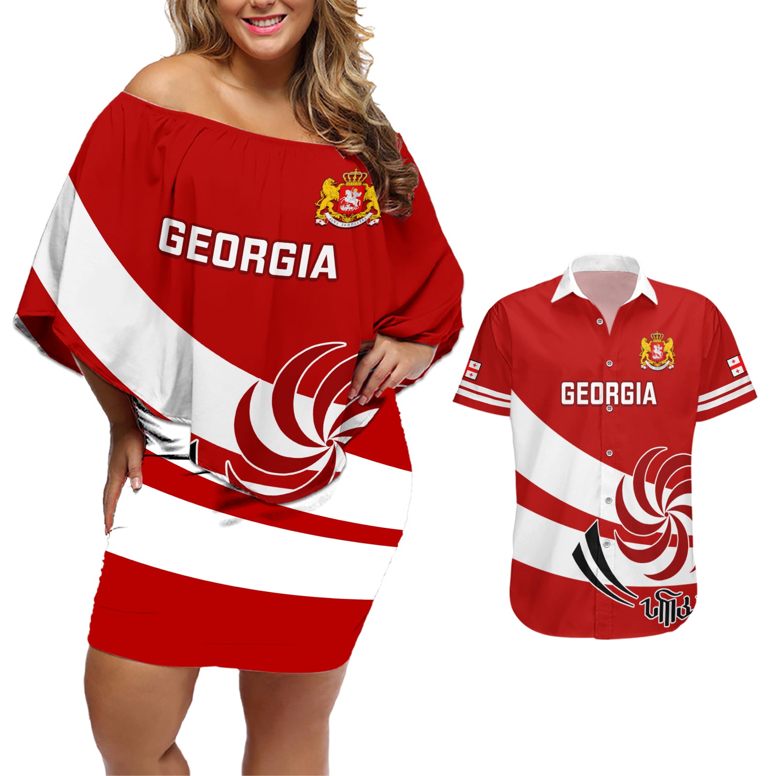 Custom Georgia Rugby Couples Matching Off Shoulder Short Dress and Hawaiian Shirt 2023 Go Lelos Curves Style - Wonder Print Shop