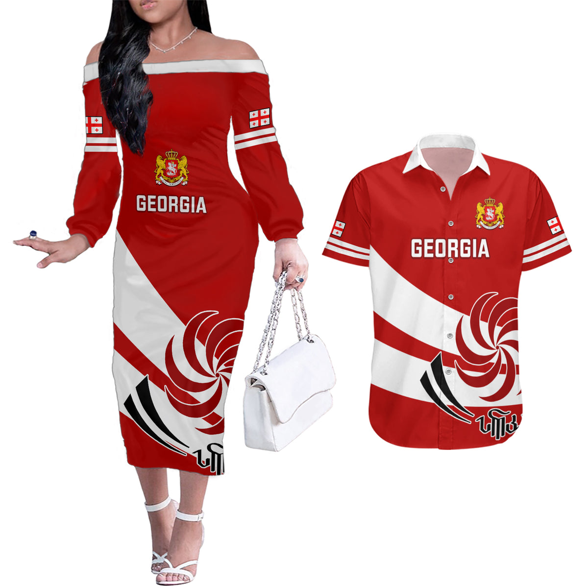 Custom Georgia Rugby Couples Matching Off The Shoulder Long Sleeve Dress and Hawaiian Shirt 2023 Go Lelos Curves Style - Wonder Print Shop