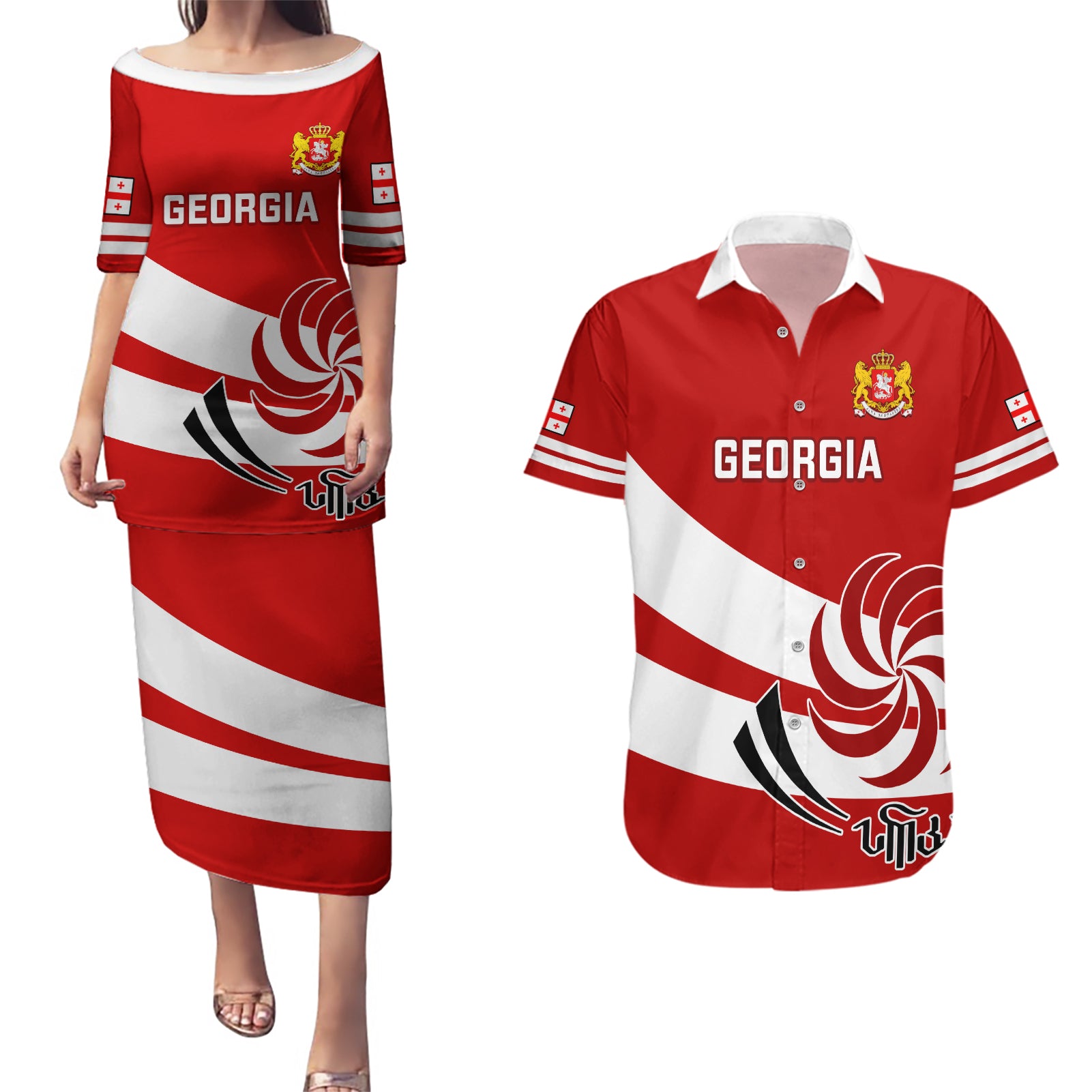Custom Georgia Rugby Couples Matching Puletasi Dress and Hawaiian Shirt 2023 Go Lelos Curves Style - Wonder Print Shop