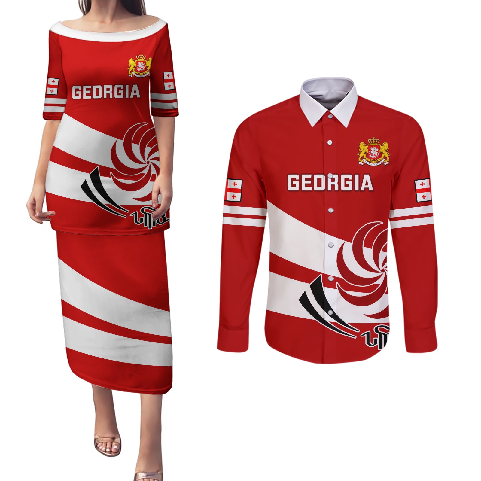 Custom Georgia Rugby Couples Matching Puletasi Dress and Long Sleeve Button Shirts 2023 Go Lelos Curves Style - Wonder Print Shop