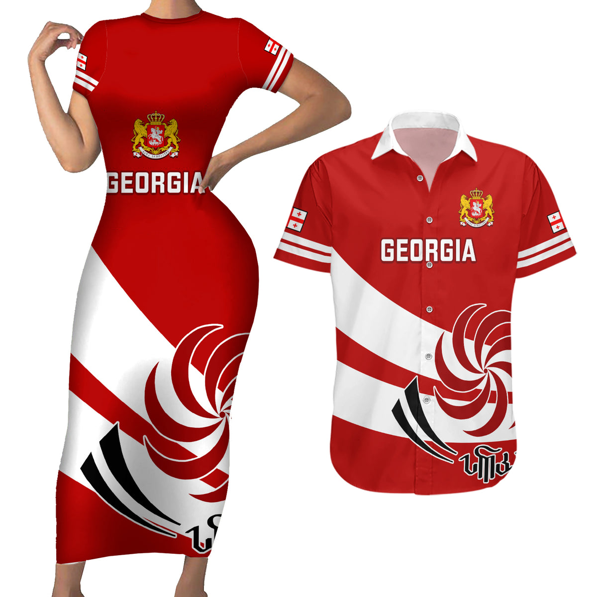 Custom Georgia Rugby Couples Matching Short Sleeve Bodycon Dress and Hawaiian Shirt 2023 Go Lelos Curves Style - Wonder Print Shop