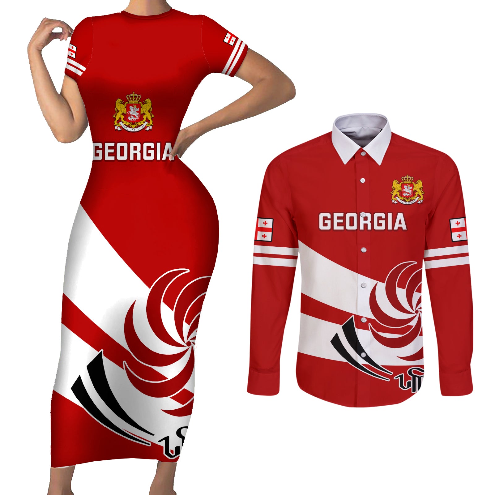 Custom Georgia Rugby Couples Matching Short Sleeve Bodycon Dress and Long Sleeve Button Shirts 2023 Go Lelos Curves Style - Wonder Print Shop