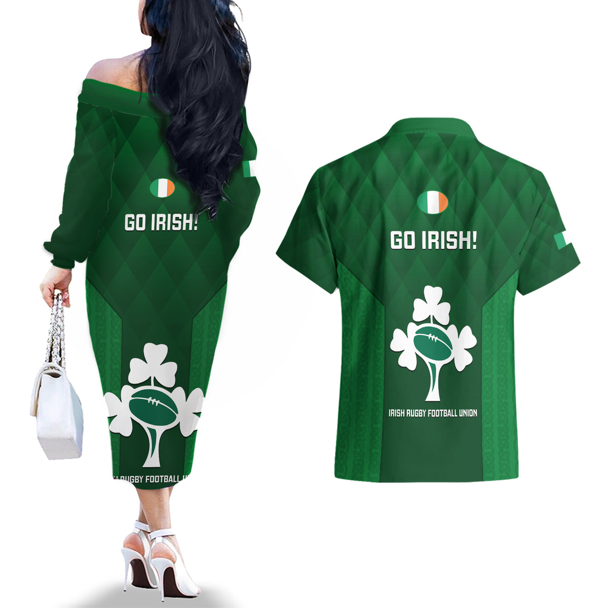 Ireland Rugby Couples Matching Off The Shoulder Long Sleeve Dress and Hawaiian Shirt 2023 Go Shamrock World Cup Irish Celtic Pattern - Wonder Print Shop
