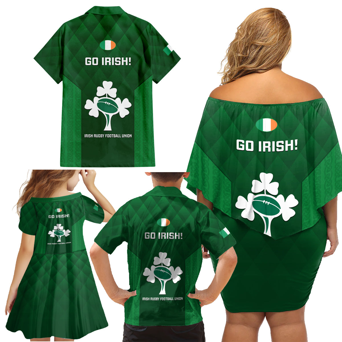 Ireland Rugby Family Matching Off Shoulder Short Dress and Hawaiian Shirt 2023 Go Shamrock World Cup Irish Celtic Pattern - Wonder Print Shop