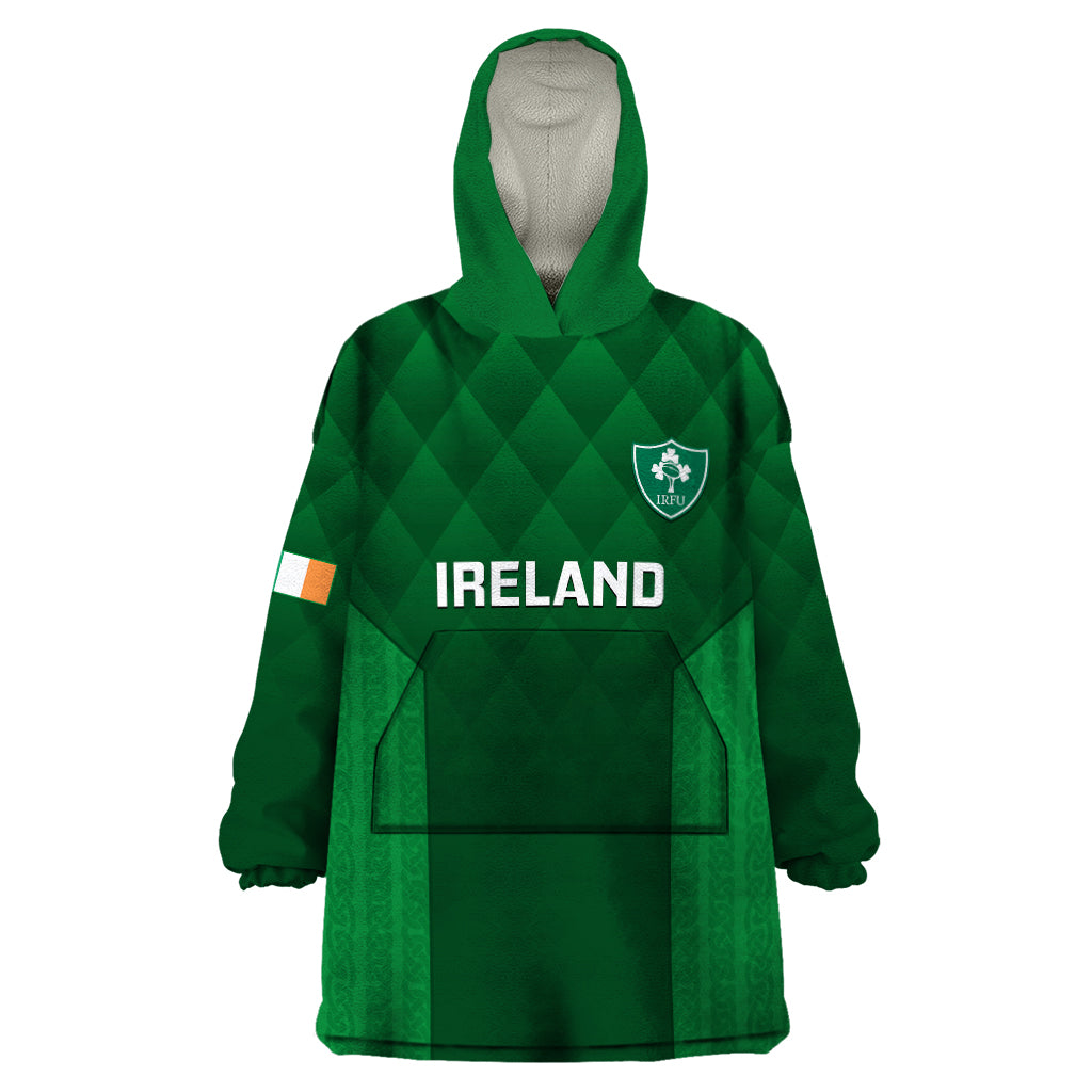Ireland Rugby Wearable Blanket Hoodie 2023 Go Shamrock World Cup Irish Celtic Pattern - Wonder Print Shop