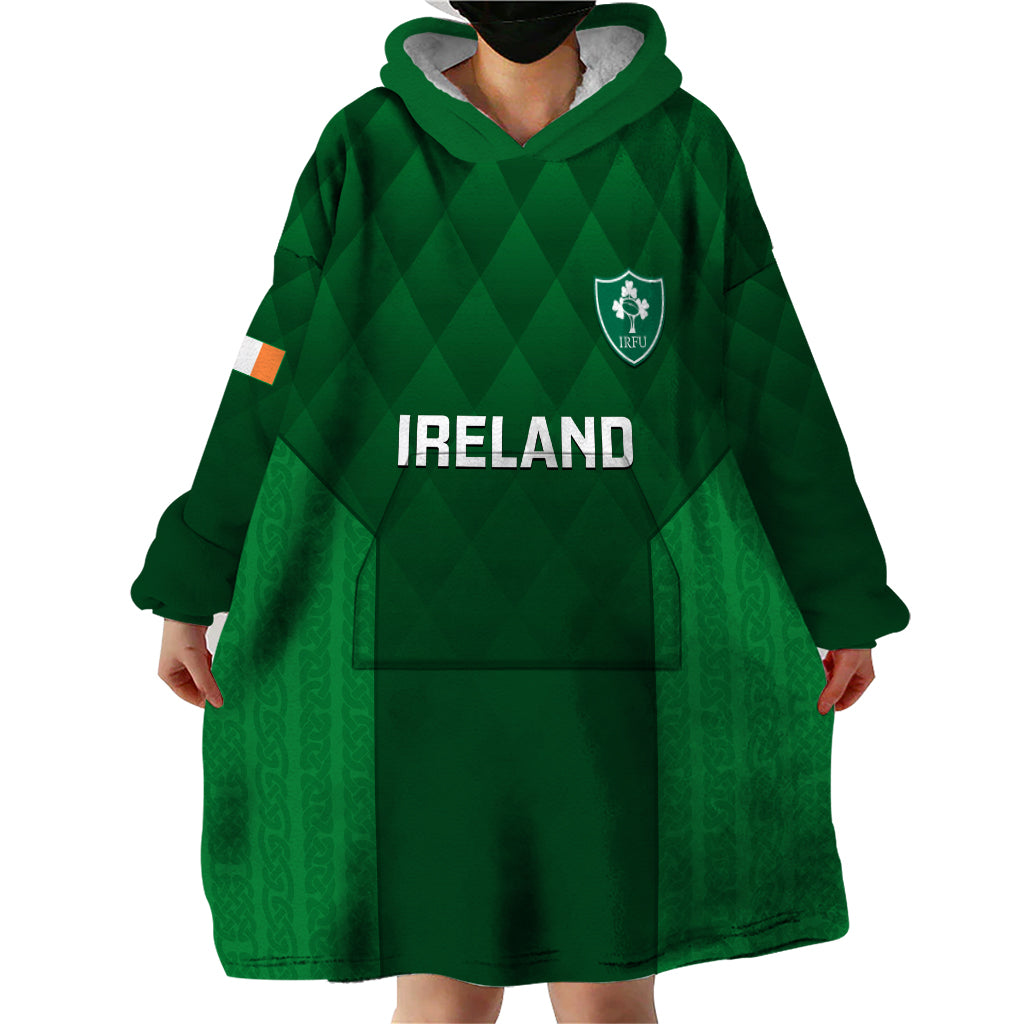 Ireland Rugby Wearable Blanket Hoodie 2023 Go Shamrock World Cup Irish Celtic Pattern - Wonder Print Shop
