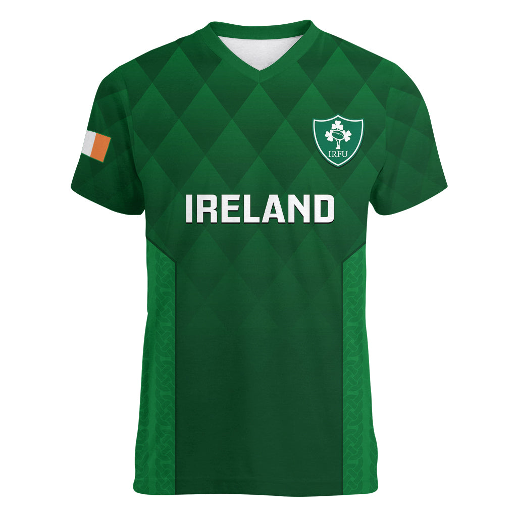 Ireland Rugby Women V Neck T Shirt 2023 Go Shamrock World Cup Irish Celtic Pattern - Wonder Print Shop
