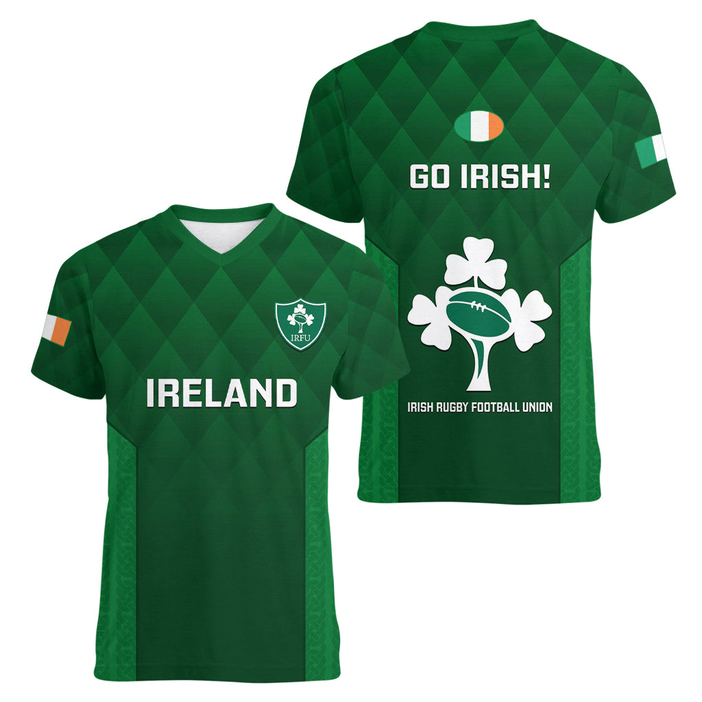 Ireland Rugby Women V Neck T Shirt 2023 Go Shamrock World Cup Irish Celtic Pattern - Wonder Print Shop