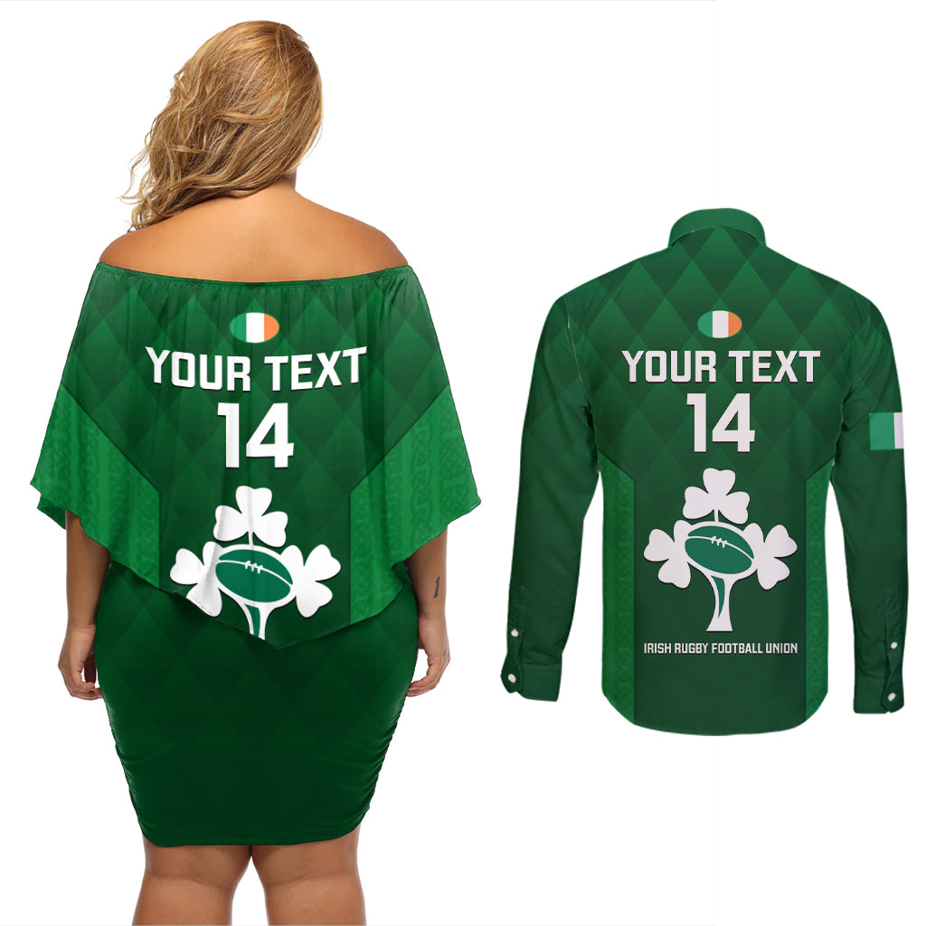 Custom Ireland Rugby Couples Matching Off Shoulder Short Dress and Long Sleeve Button Shirts 2023 Go Shamrock World Cup Irish Celtic Pattern - Wonder Print Shop