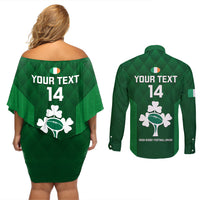 Custom Ireland Rugby Couples Matching Off Shoulder Short Dress and Long Sleeve Button Shirts 2023 Go Shamrock World Cup Irish Celtic Pattern - Wonder Print Shop
