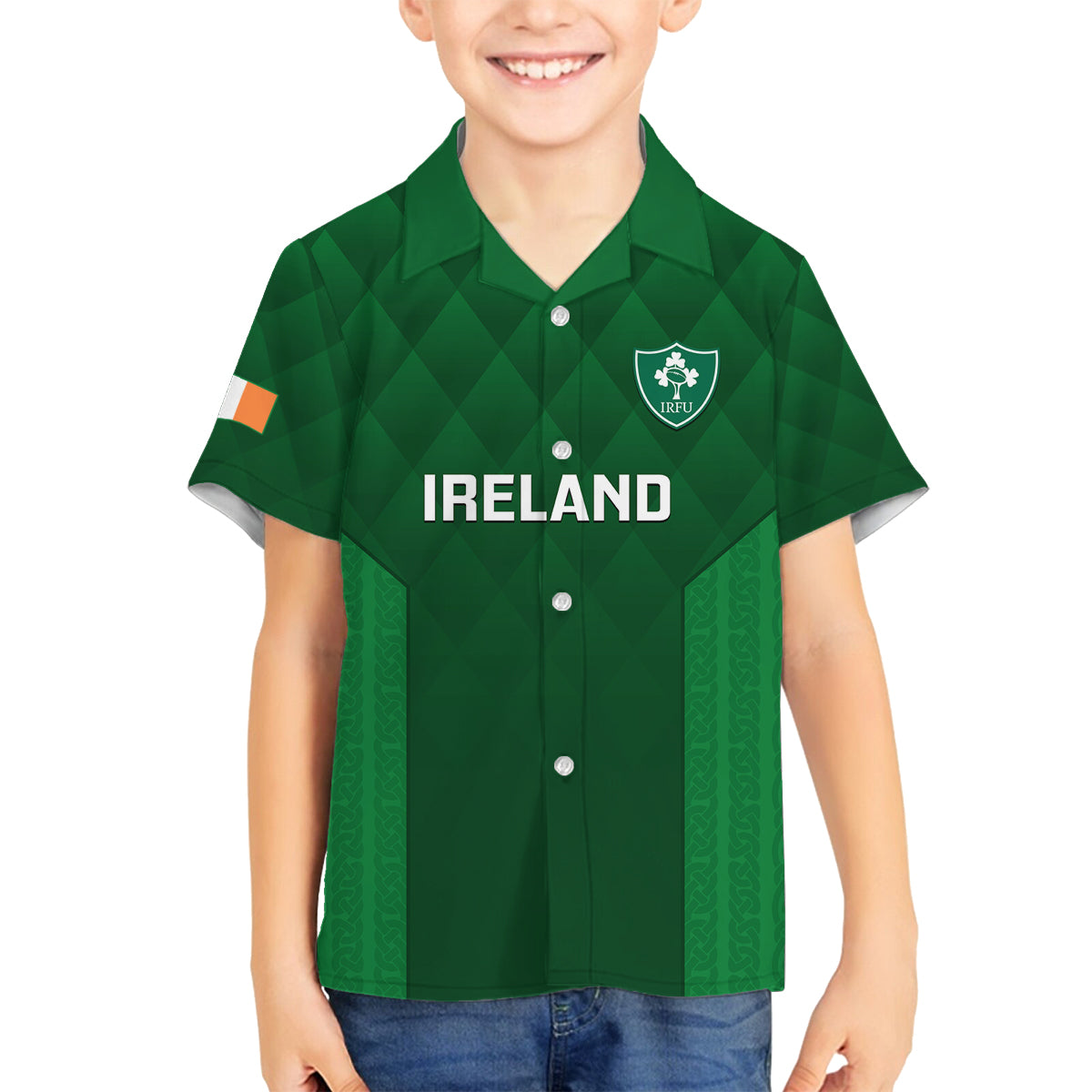 Custom Ireland Rugby Family Matching Off Shoulder Long Sleeve Dress and Hawaiian Shirt 2023 Go Shamrock World Cup Irish Celtic Pattern - Wonder Print Shop
