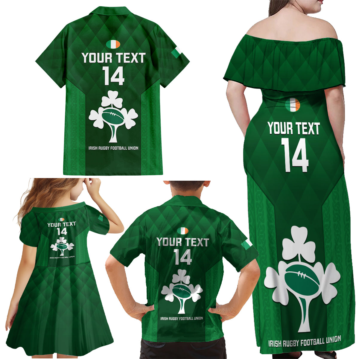 Custom Ireland Rugby Family Matching Off Shoulder Maxi Dress and Hawaiian Shirt 2023 Go Shamrock World Cup Irish Celtic Pattern - Wonder Print Shop