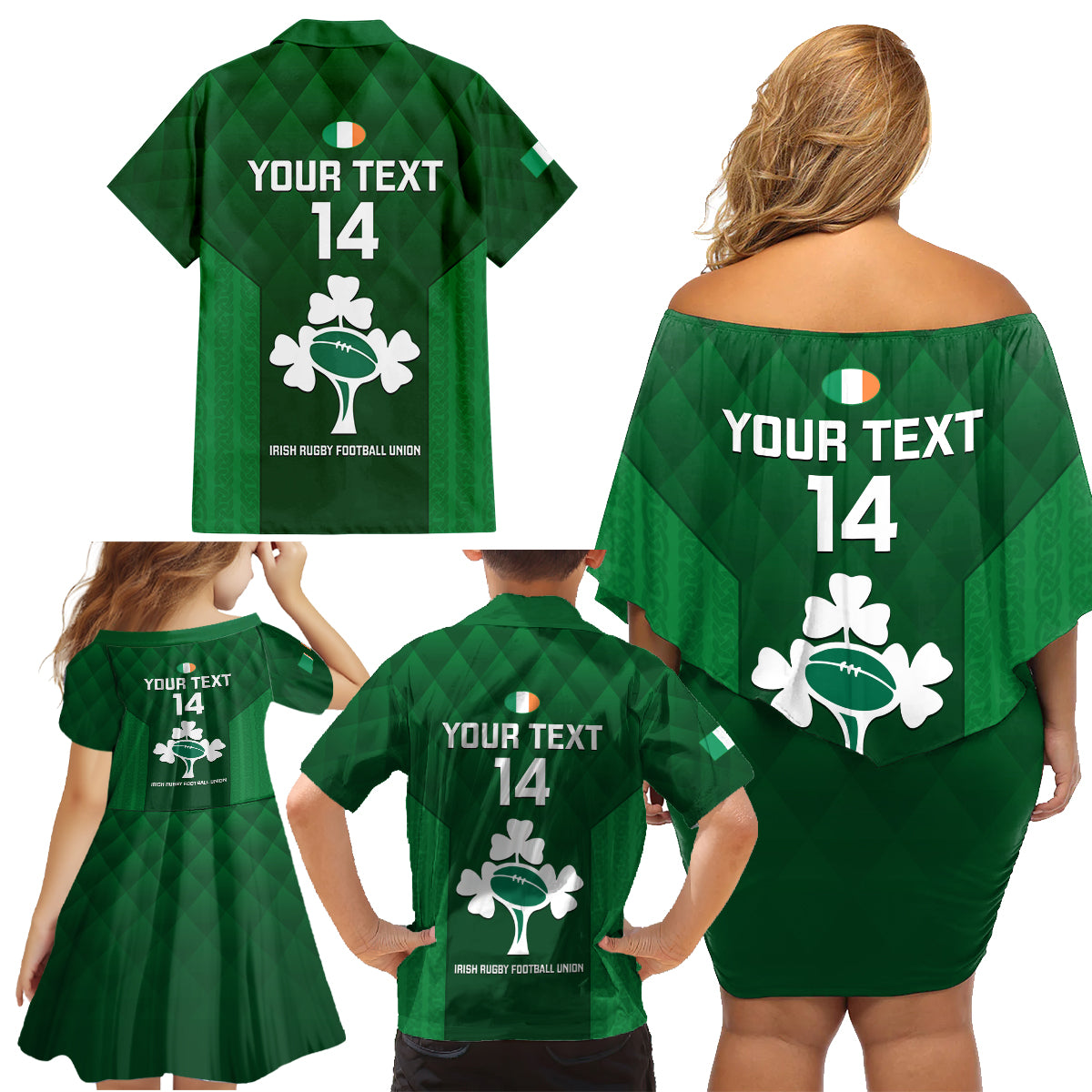 Custom Ireland Rugby Family Matching Off Shoulder Short Dress and Hawaiian Shirt 2023 Go Shamrock World Cup Irish Celtic Pattern - Wonder Print Shop