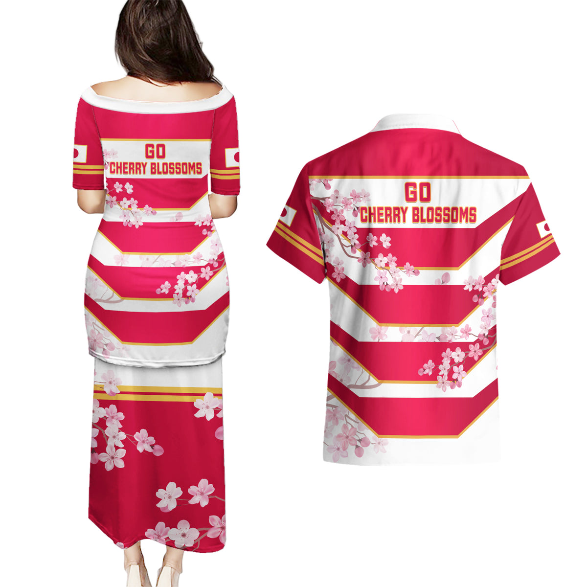 Japan Rugby Couples Matching Puletasi Dress and Hawaiian Shirt 2023 Go Cherry Blossoms World Cup - Wonder Print Shop