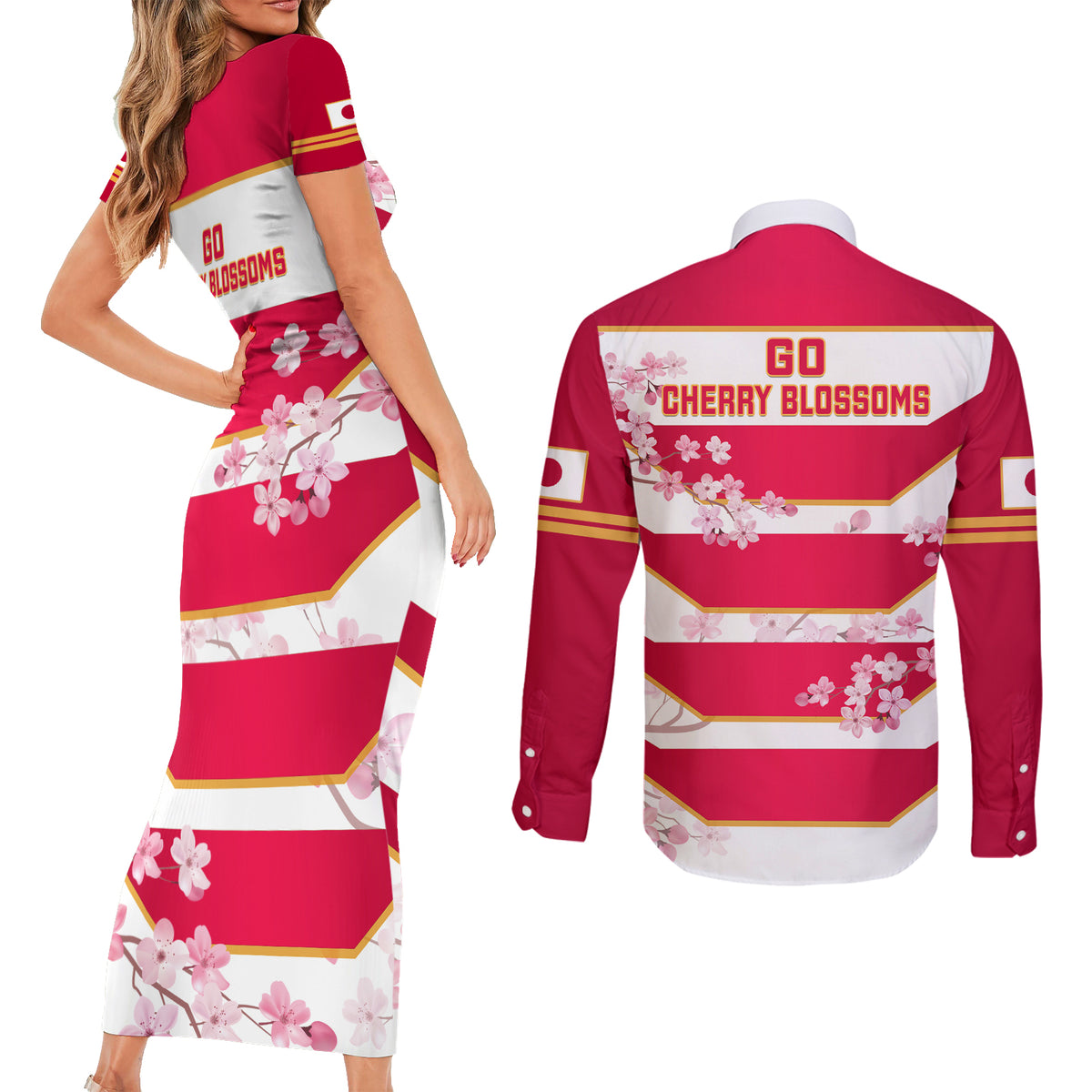 Japan Rugby Couples Matching Short Sleeve Bodycon Dress and Long Sleeve Button Shirts 2023 Go Cherry Blossoms World Cup - Wonder Print Shop