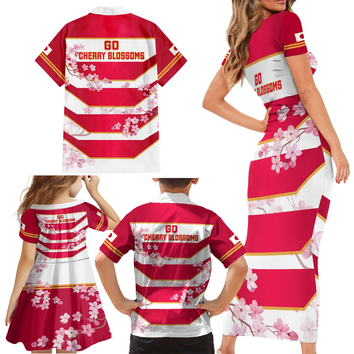 Japan Rugby Family Matching Short Sleeve Bodycon Dress and Hawaiian Shirt 2023 Go Cherry Blossoms World Cup - Wonder Print Shop