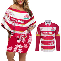 Custom Japan Rugby Couples Matching Off Shoulder Short Dress and Long Sleeve Button Shirts 2023 Go Cherry Blossoms World Cup - Wonder Print Shop