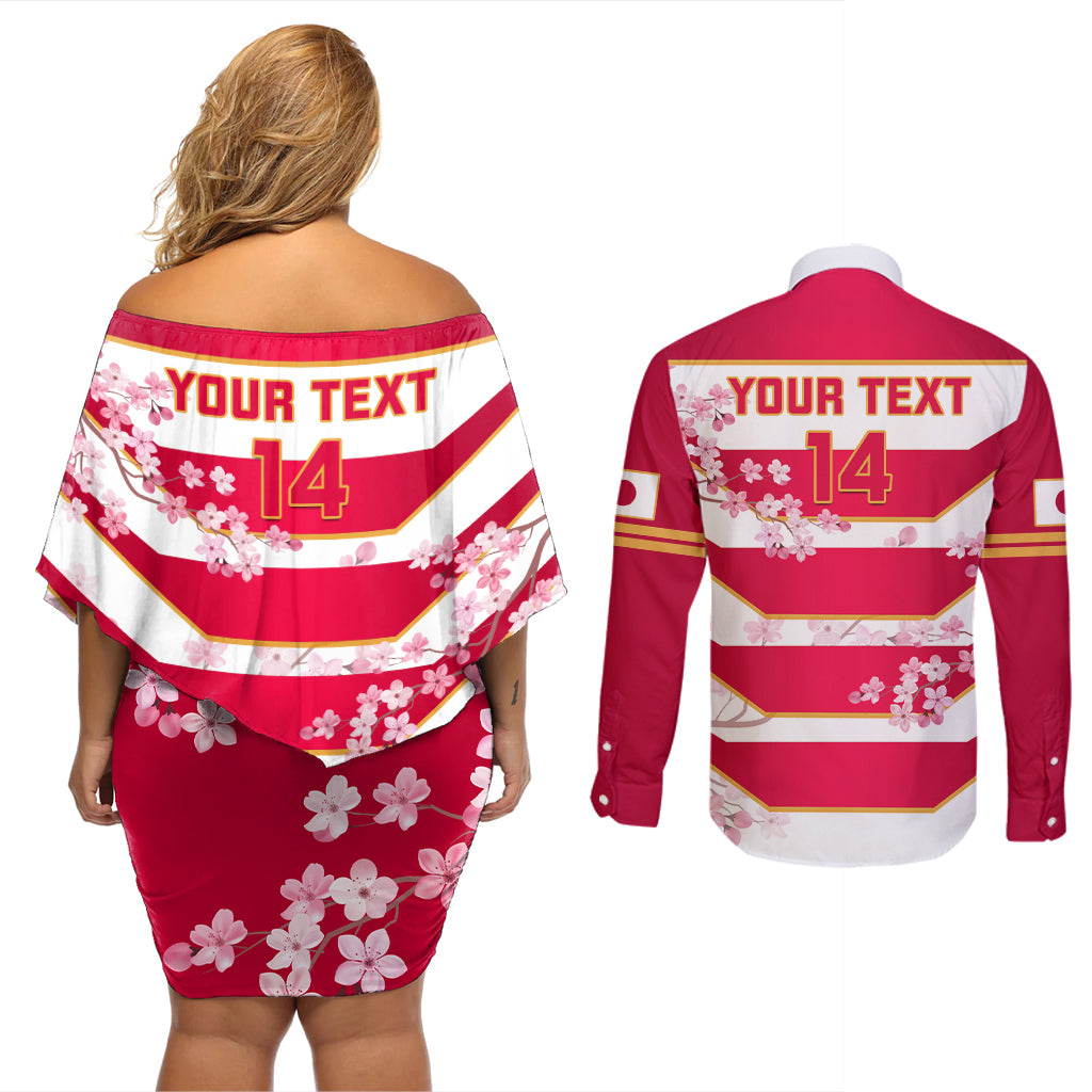 Custom Japan Rugby Couples Matching Off Shoulder Short Dress and Long Sleeve Button Shirts 2023 Go Cherry Blossoms World Cup - Wonder Print Shop