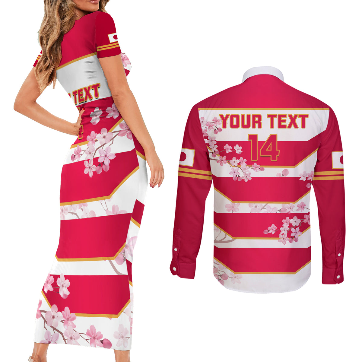 Custom Japan Rugby Couples Matching Short Sleeve Bodycon Dress and Long Sleeve Button Shirts 2023 Go Cherry Blossoms World Cup - Wonder Print Shop