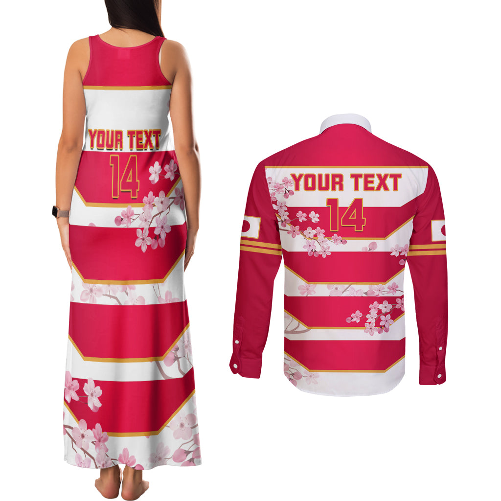 Custom Japan Rugby Couples Matching Tank Maxi Dress and Long Sleeve Button Shirts 2023 Go Cherry Blossoms World Cup - Wonder Print Shop