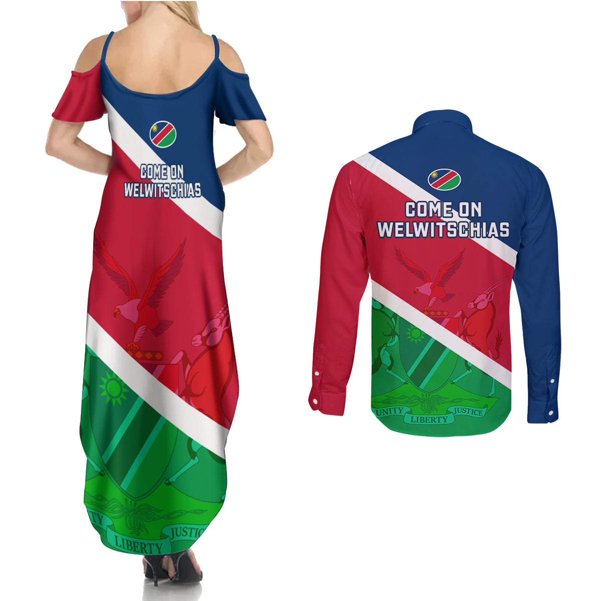 Namibia Rugby Couples Matching Summer Maxi Dress and Long Sleeve Button Shirts 2023 Welwitschias Flag Style - Wonder Print Shop