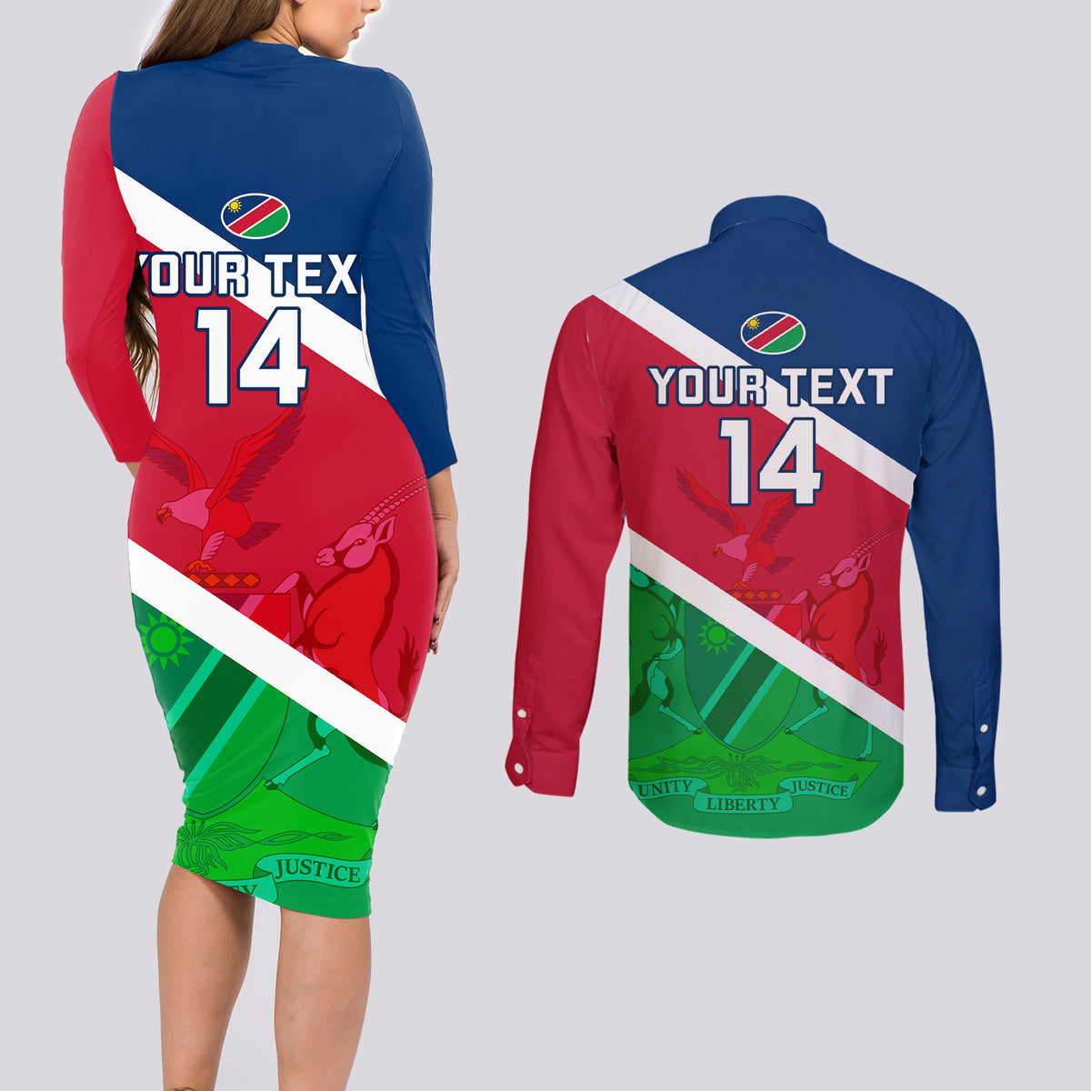 Custom Namibia Rugby Couples Matching Long Sleeve Bodycon Dress and Long Sleeve Button Shirts 2023 Welwitschias Flag Style - Wonder Print Shop