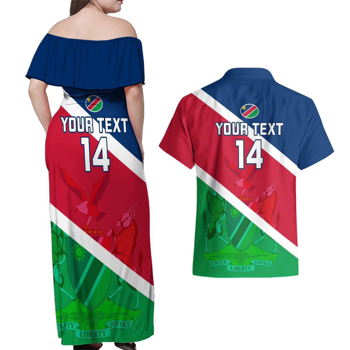 Custom Namibia Rugby Couples Matching Off Shoulder Maxi Dress and Hawaiian Shirt 2023 Welwitschias Flag Style - Wonder Print Shop