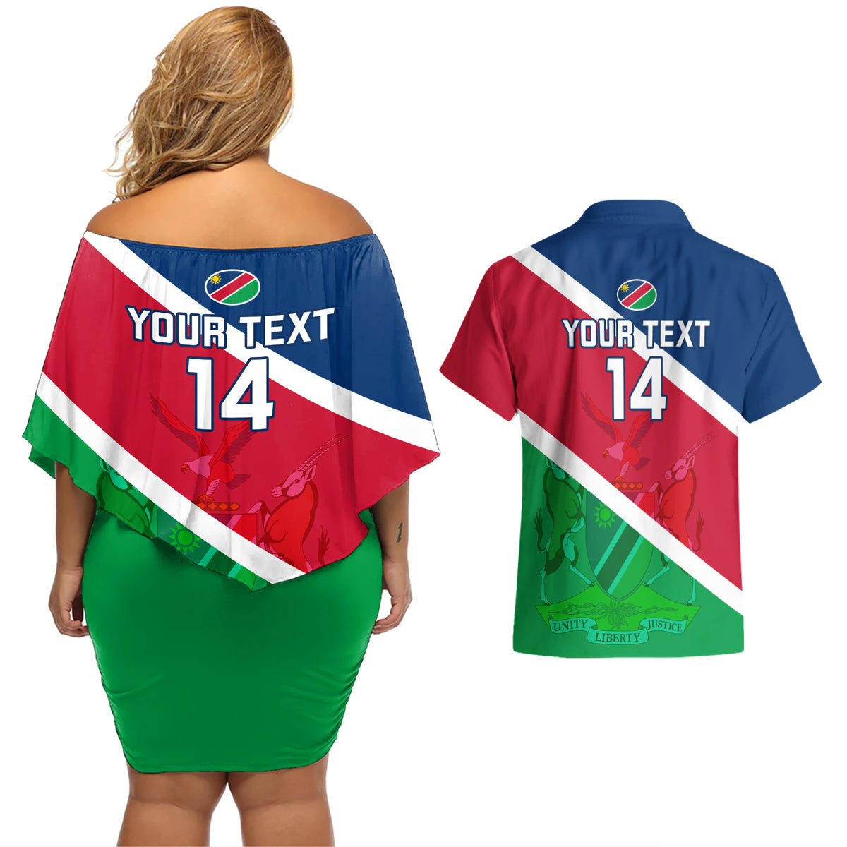 Custom Namibia Rugby Couples Matching Off Shoulder Short Dress and Hawaiian Shirt 2023 Welwitschias Flag Style - Wonder Print Shop