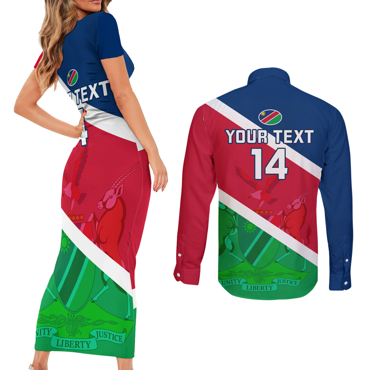 Custom Namibia Rugby Couples Matching Short Sleeve Bodycon Dress and Long Sleeve Button Shirts 2023 Welwitschias Flag Style - Wonder Print Shop